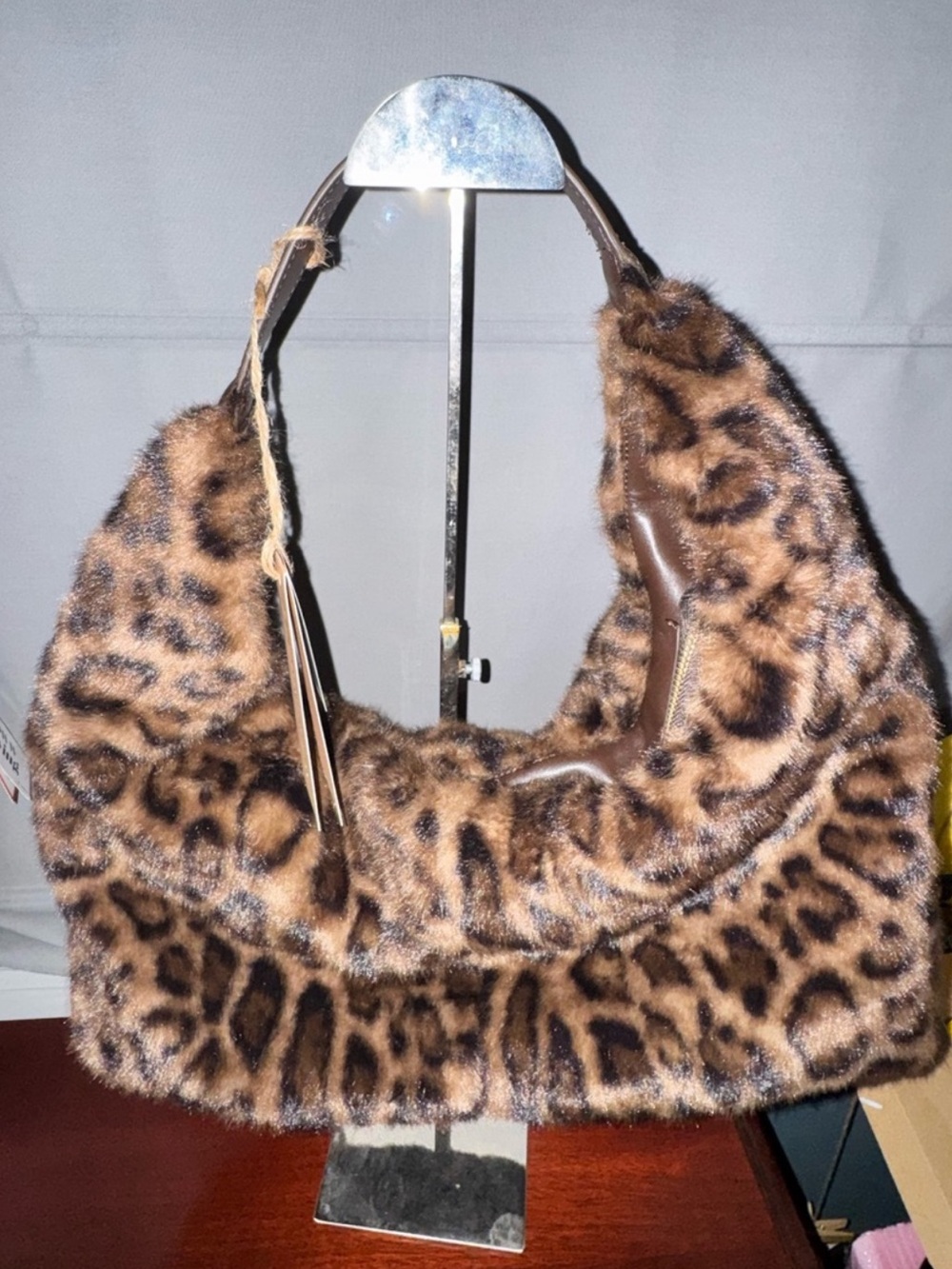 Leopard Faux Fur Hobo Bag - Brown